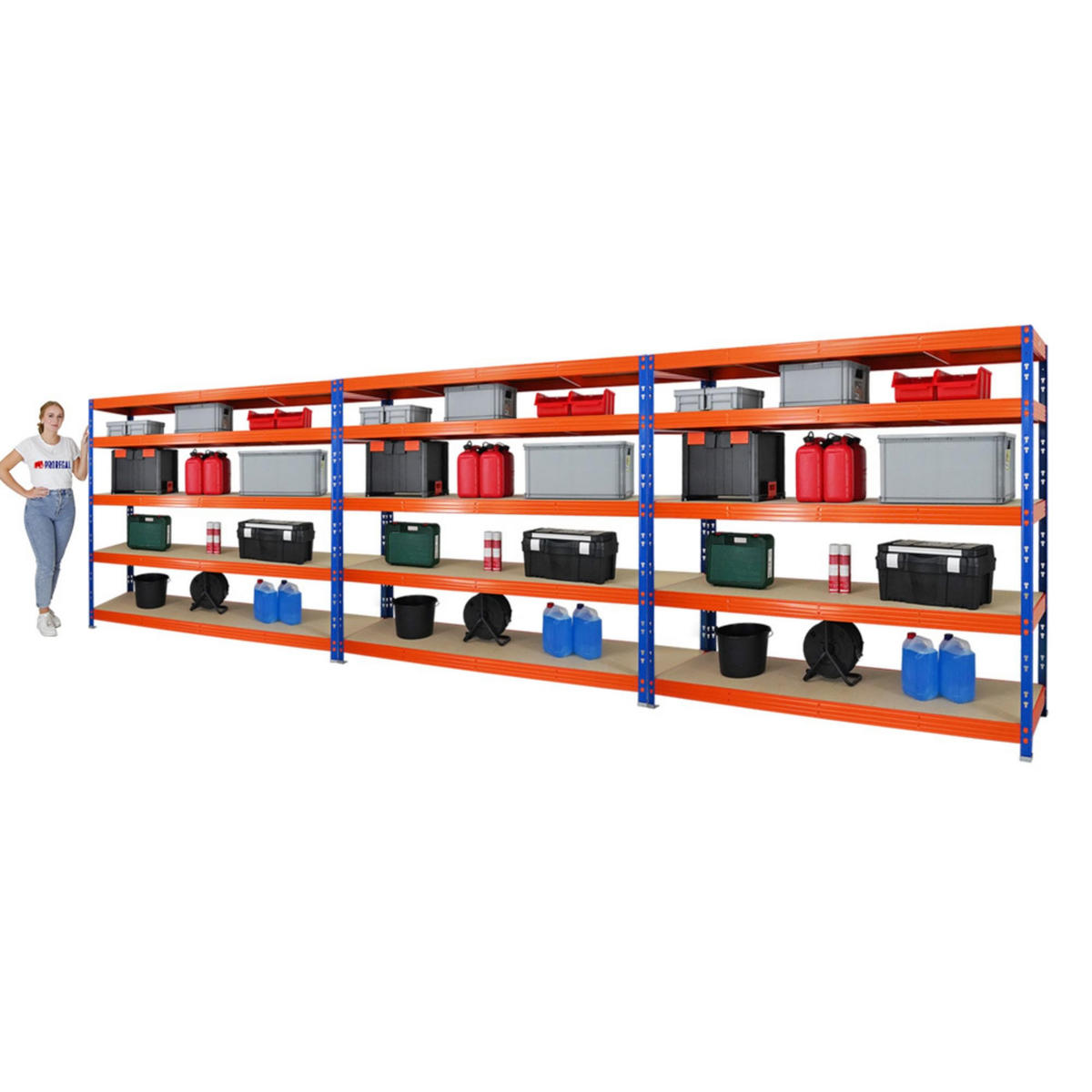 SCHWERLASTREGAL Rhino 3er-Set mit 3x 180x200x60 cm 5 Spanplatten-Ebenen 8mm Fachlast 500 kg Blau/Orange - Orange, Metall (600/180/60cm) - PROREGAL