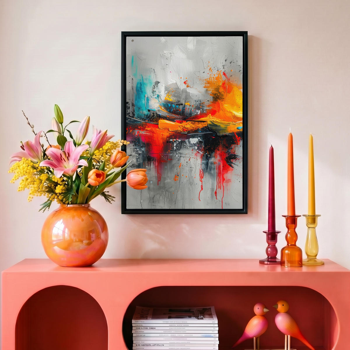 LEINWAND Bilder mit Rahmen - Moderne Kunst - Orange - Grau - Abstrakt - 20x30 - Hellgrau, Textil (20/30cm) - MuchoWow
