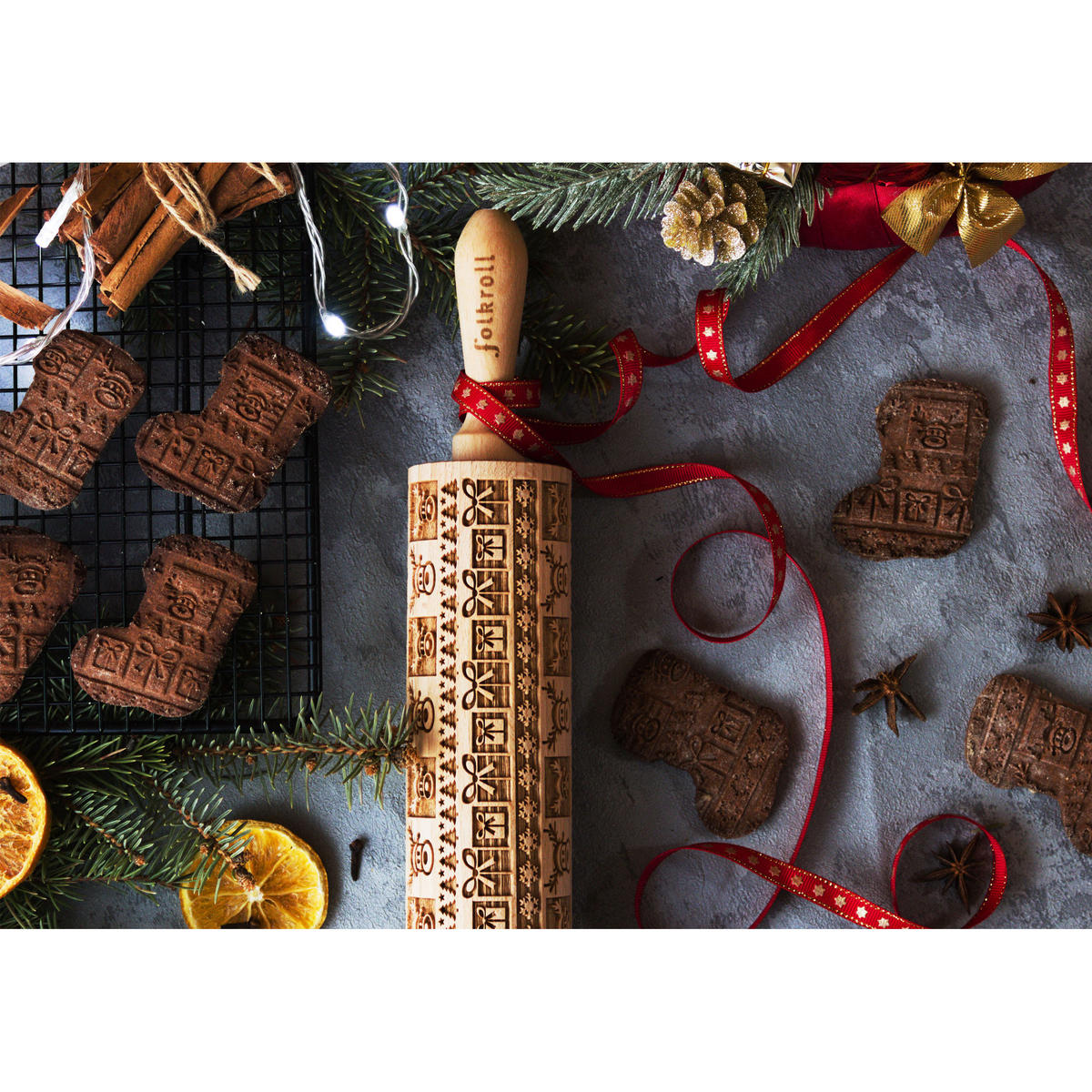TEIGROLLE Christmas Joy, groß, 43 cm, Buchenholz - Braun, Holz (43cm) - Folkroll