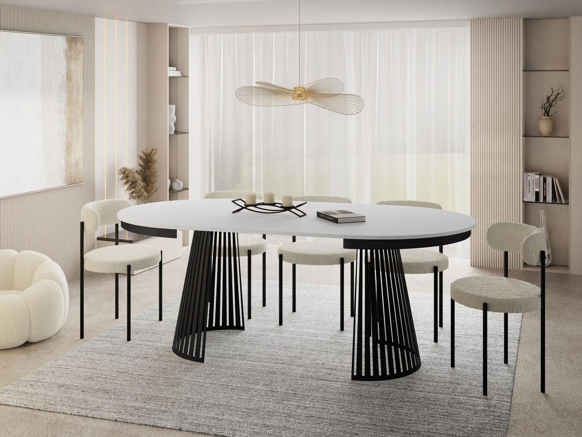 ESSTISCH Naro rund ausziehbar mit Schwarzem Lamellen-Metallgestell, Weiß 120-200/120/76 cm - Schwarz/Weiß, Holzwerkstoff/Metall (120/120/76cm) - WFL GROUP