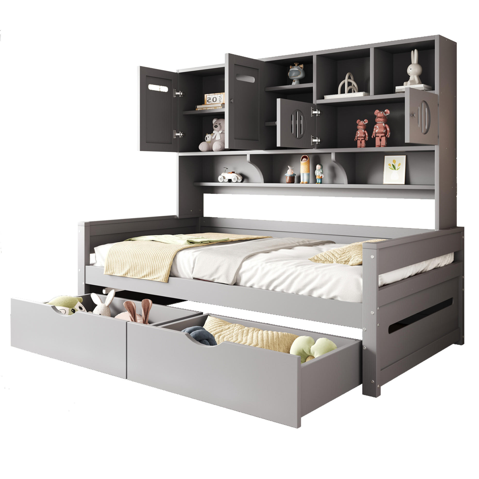 BETT 90/200 cm Grau mit Stauraum und Schubladen aus Holz - Grau, Holz (90/200cm) - Flora Grace