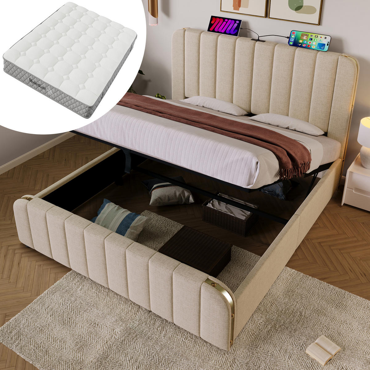 POLSTERBETT 140/200 cm Beige aus Leinen mit Matratze und Stauraum - Beige, Textil (140/200cm) - OKMYHOME