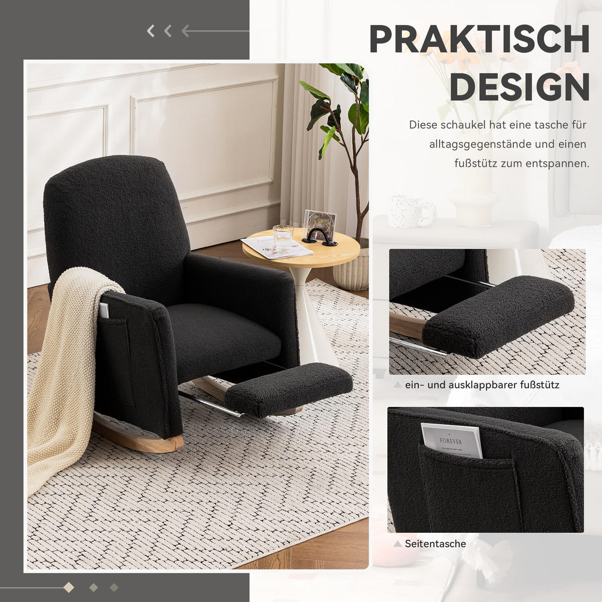 SCHAUKELSTUHL Teddy-Polster mit Fußhocker und Holzgestell 67/126/98 cm Dunkelgrau - Dunkelgrau, Textil (126/98/67cm) - Redom