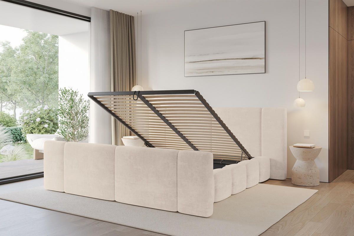 POLSTERBETT mit Bettkasten, Fußteil und Lattenrost, Bett mit Matratze H3/H4 - NILO-Z 180x200 Beige - Beige, Holzwerkstoff/Textil (180/200cm) - ALTDECOR