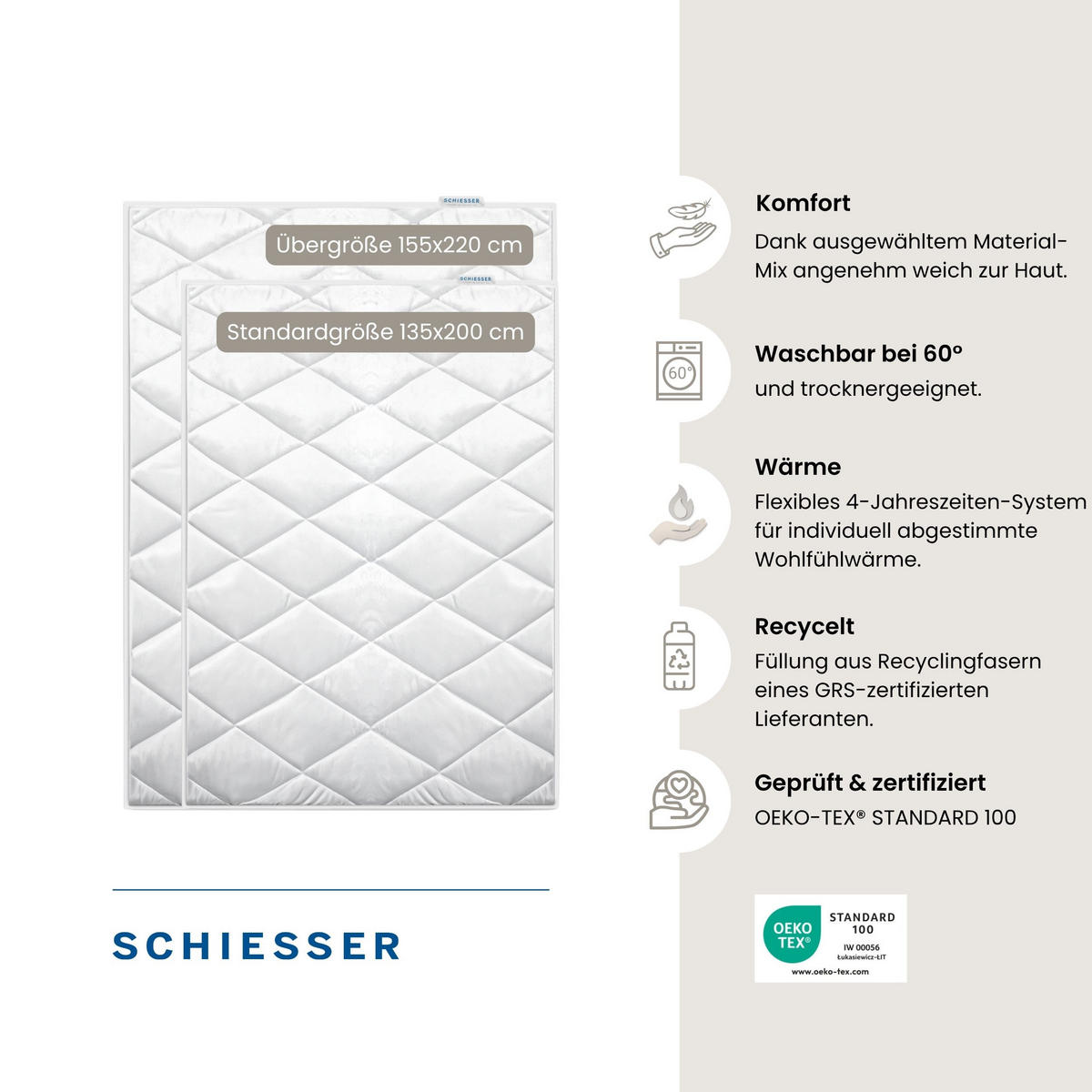 4-JAHRESZEITEN BETTDECKENSET Lykke - Mikrofaserbezug - Füllung aus silikonisierter Polyester-Hohlfaser - 2-teilig - 155x220 cm - Weiß - Weiß, Textil (155/220cm) - SCHIESSER