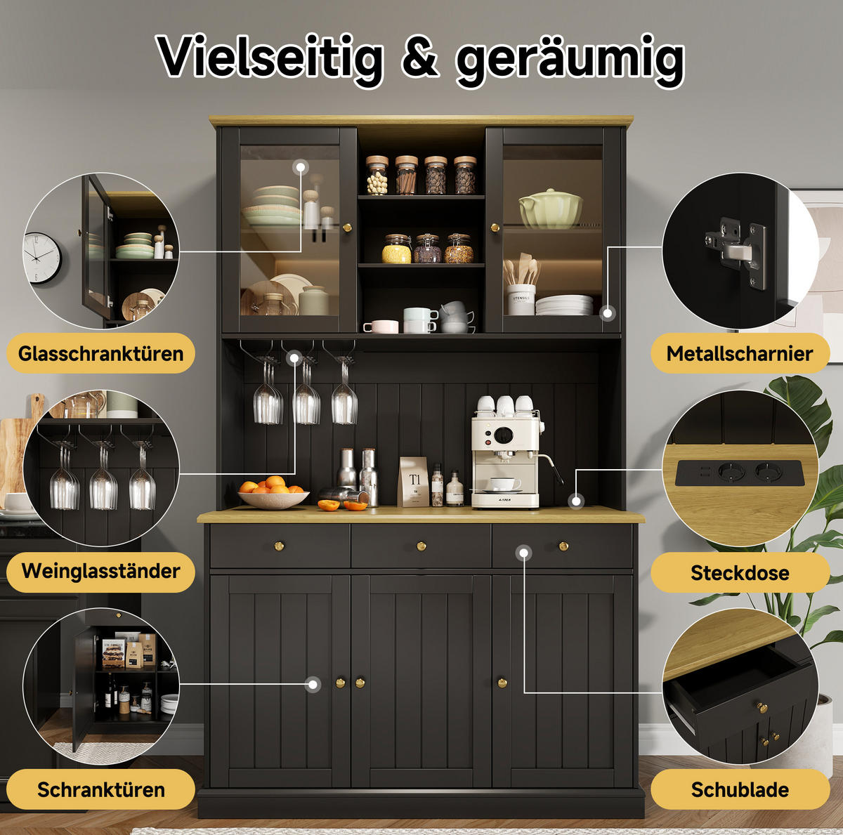 BUFFETSCHRANK aus Spanplatte 120x40x191 cm Schwarz mit Glastüren, Gläserhalter und Steckdosen - Schwarz, Holzwerkstoff (120/191/40cm) - IVMEU