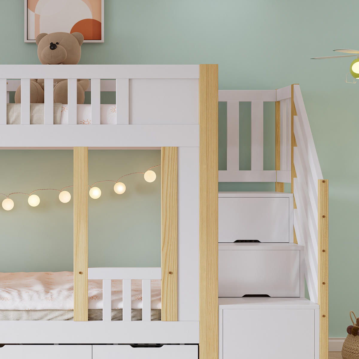 ETAGENBETT 90/200 cm in Weiß & Natur Kinderbett mit Treppenschrank, 3 Schubladen und Tafel - Weiß/Naturfarben, Holzwerkstoff (90/200cm) - STILVORA