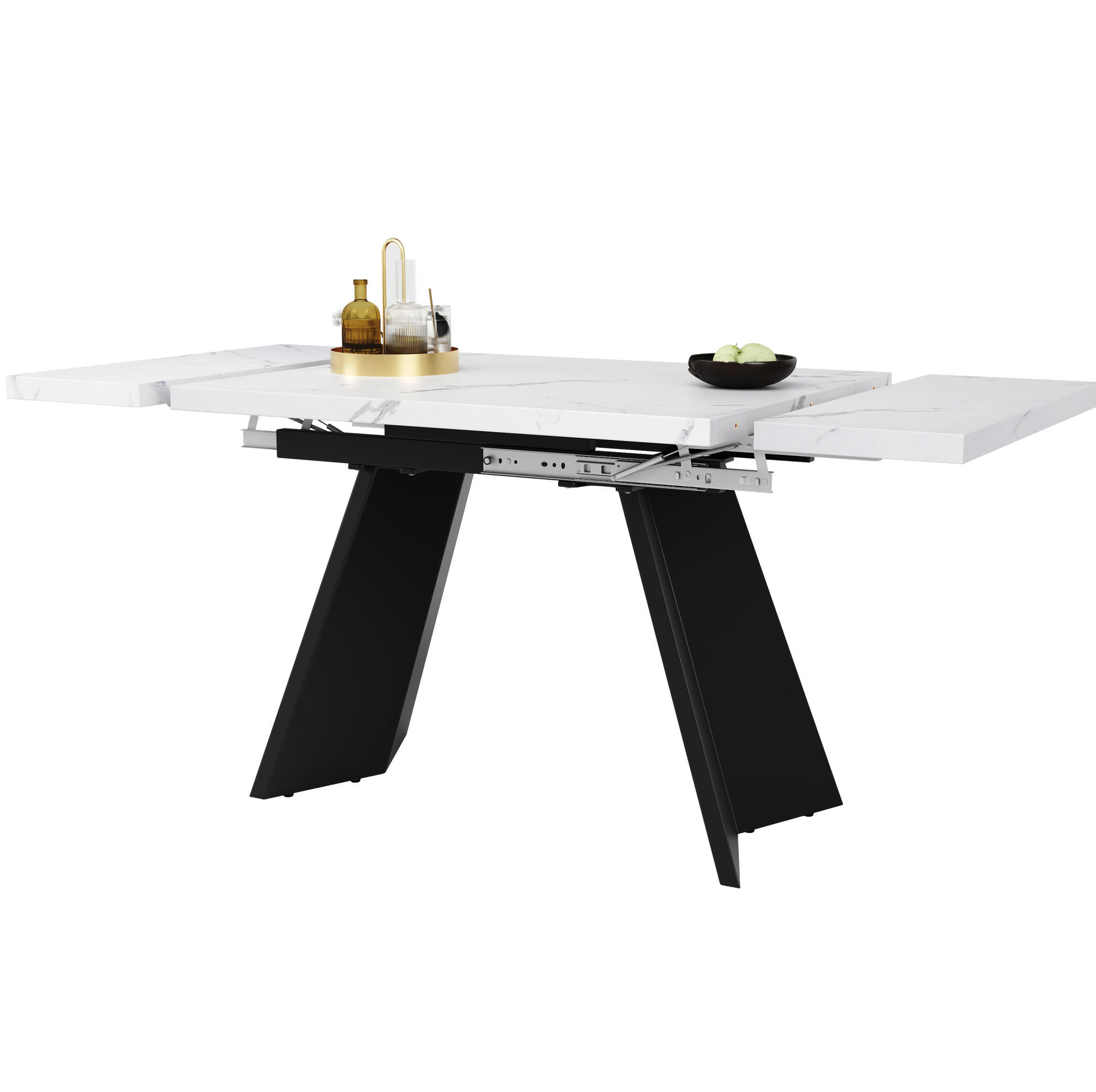 ESSTISCH 99-159x74x77 cm in Weiß und Schwarz aus MDF mit Marmoroptik auf Carbonstahl-Beinen ausziehbar - Weiß, Holzwerkstoff (74/159/77cm) - Modfu