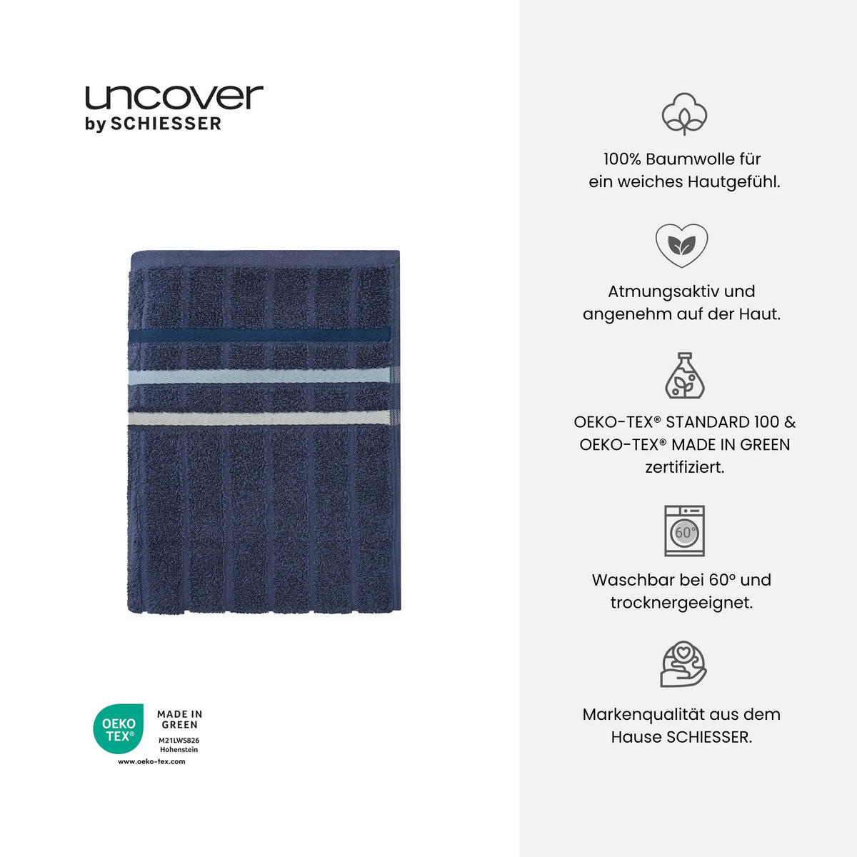DUSCHTUCHSET Ohio - 2-teilig - 70 x 140 cm - Dunkelblau - Dunkelblau, Textil (70/140cm) - Uncover by Schiesser