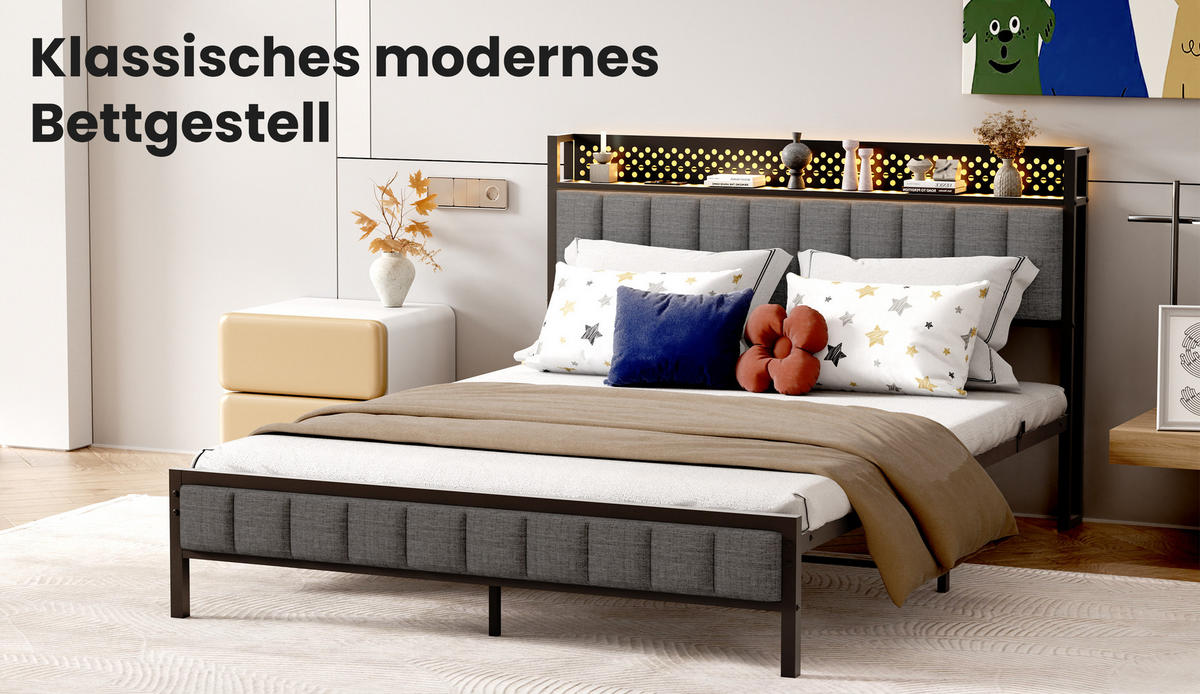 METALLBETT 140/200 cm mit Ablage und USB und Type C Anschlüssen in Schwarz - Schwarz, Metall (140/200cm) - BEAOK