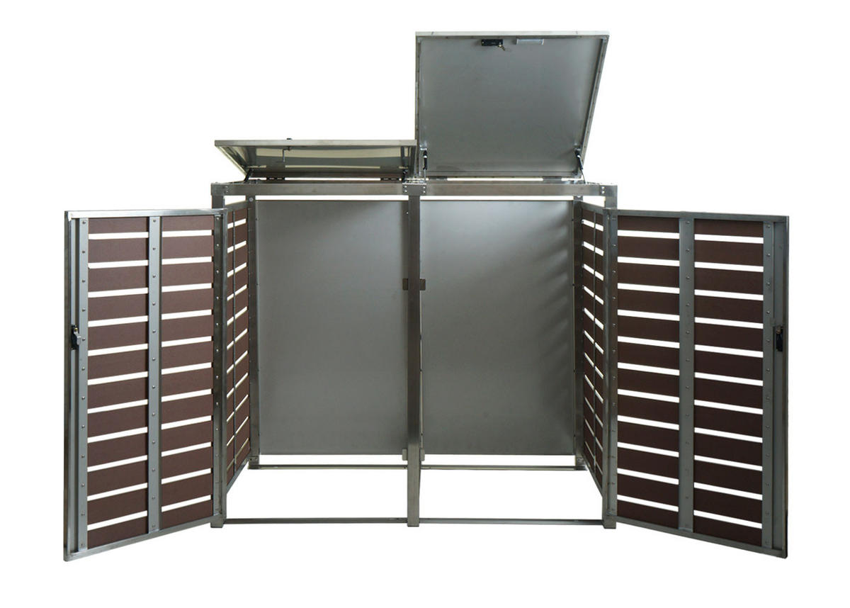 MÜLLTONNENBOX XL 2er/4er HxBxT 117x144x102cm Walnuss-Holzoptik WPC Edelstahl 88kg - Braun, Metall (144/117/102cm) - PROREGAL