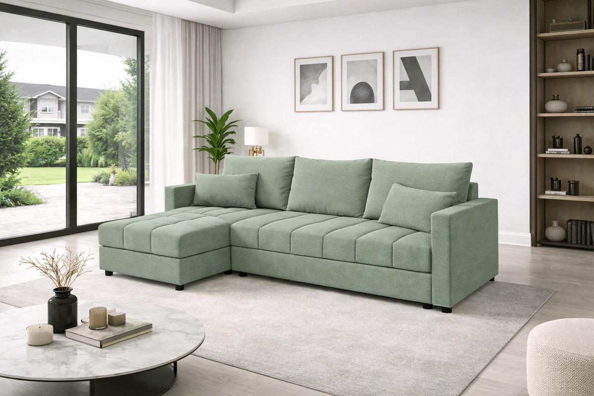 WOHNLANDSCHAFT AURELIA– Ecksofa in L-Form mit Schlaffunktion Bettkasten & Kissen Stoff KRONOS 226 cm Grün - Grün, Kunststoff (226/140cm) - Wohnideebilder