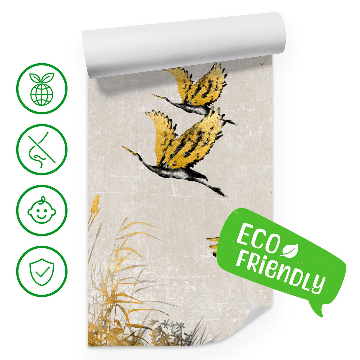 FOTOTAPETE Vögel Pflanzen Beton Abstraktion 150x105 - Gelb/Beige, Papier (150/105cm) - Muralo