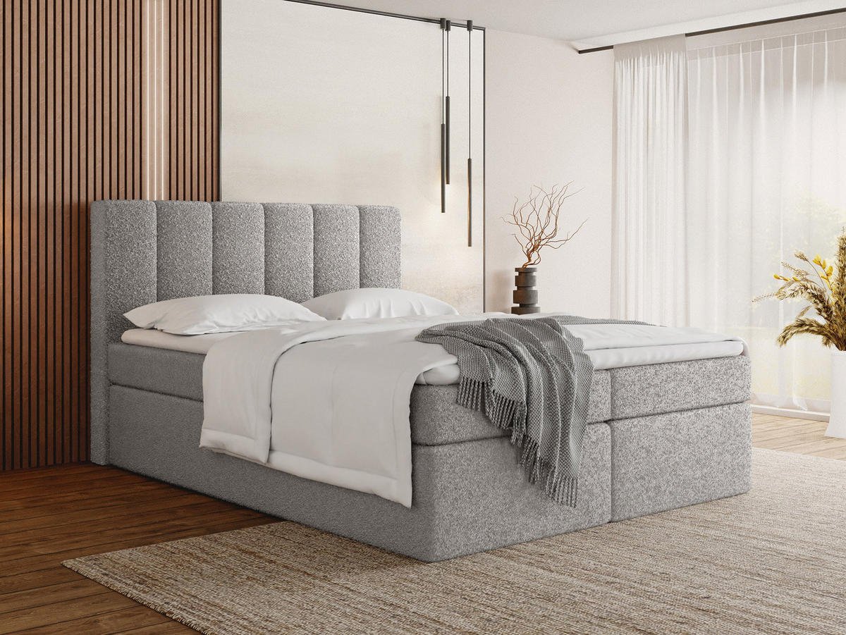 BOXBETT Amira mit Bettkasten, Boucle Grau 180/200 cm – 7-Zonen Taschenfederkern-Matratze & Komfortschaum-Topper - Hellgrau/Schwarz, Holz/Holzwerkstoff (180/200cm) - WFL GROUP