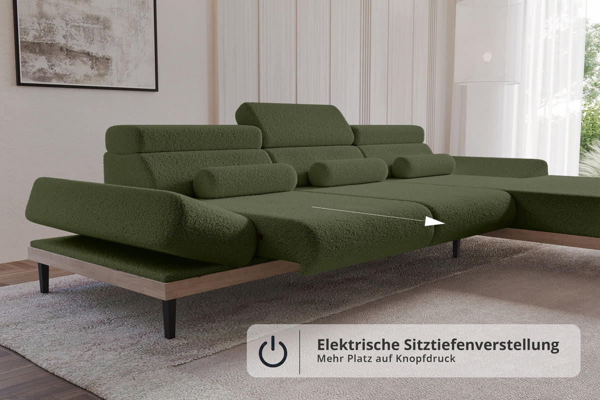 ELEKTRISCHES ECKSOFA Rechts MONA 316x205x85 Grün Bouclé - Olivgrün/Grün, Holzwerkstoff/Textil (316/205cm) - ALTDECOR