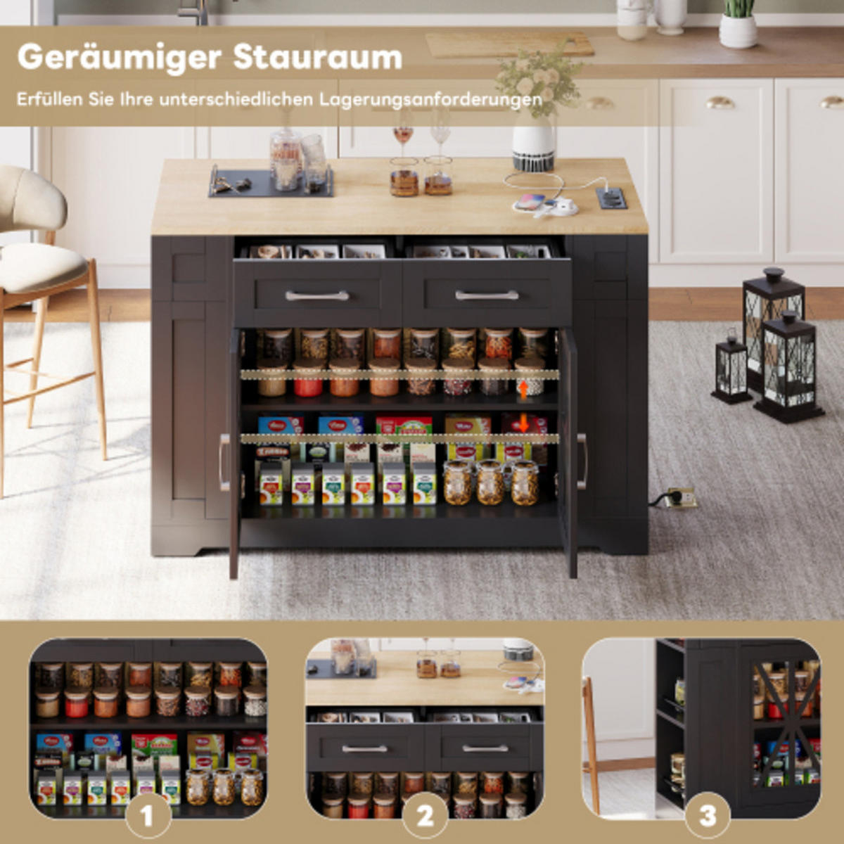 KÜCHENINSEL schwarz-Neutral aus MDF mit klappbarer Erweiterungsplatte, Steckdosen und Laufrollen 120 × 40(65) × 92 cm - Schwarz, Holzwerkstoff (120/92/65cm) - Luhomfu