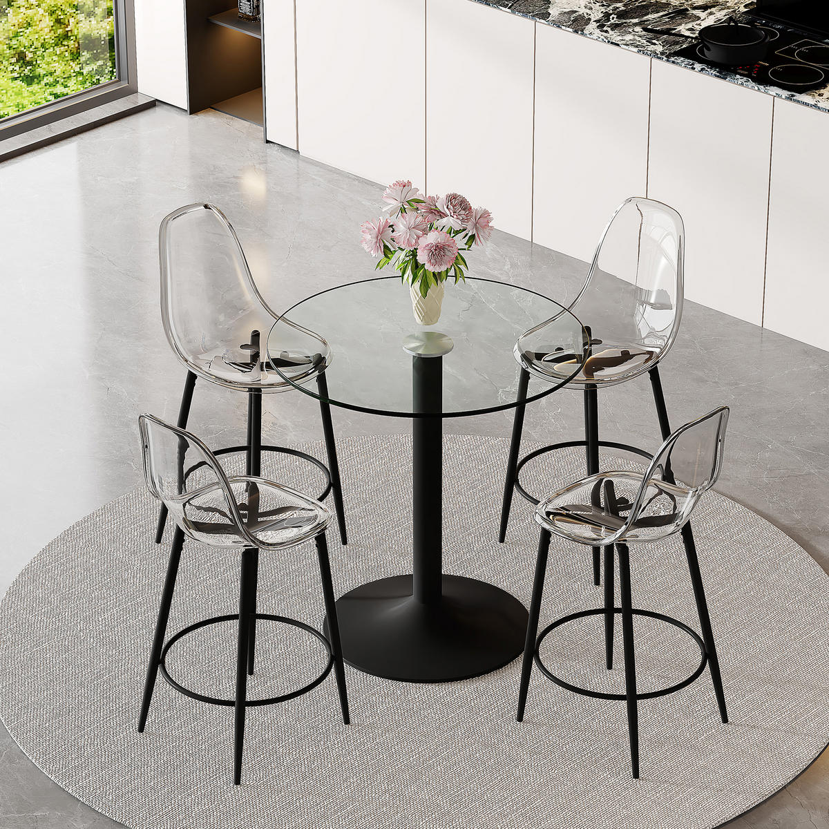 BARTISCH-SET DE-39404 5-teilig, Glastisch und 4 Hocker Transparent/Schwarz - Schwarz, Metall (89/92/89cm) - ComfortXL