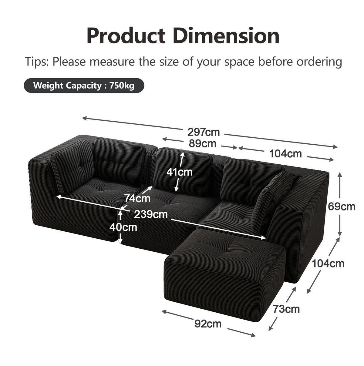 ECKSOFA modular Cord Black - Schwarz, Kunststoff (177/297cm) - Meubliv
