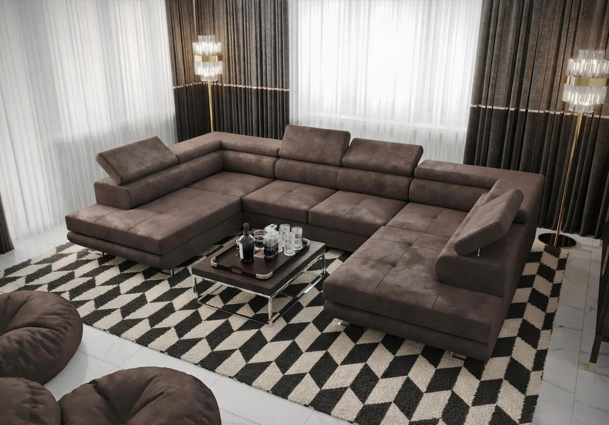 WOHNLANDSCHAFT PRAGA DESIGN U, Eckcouch in U-Form mit Schlaffunktion, Farbe: Grau, Velourstoff, Ottomane Universal - Grau, Textil (342/89/202cm) - O-Sofa