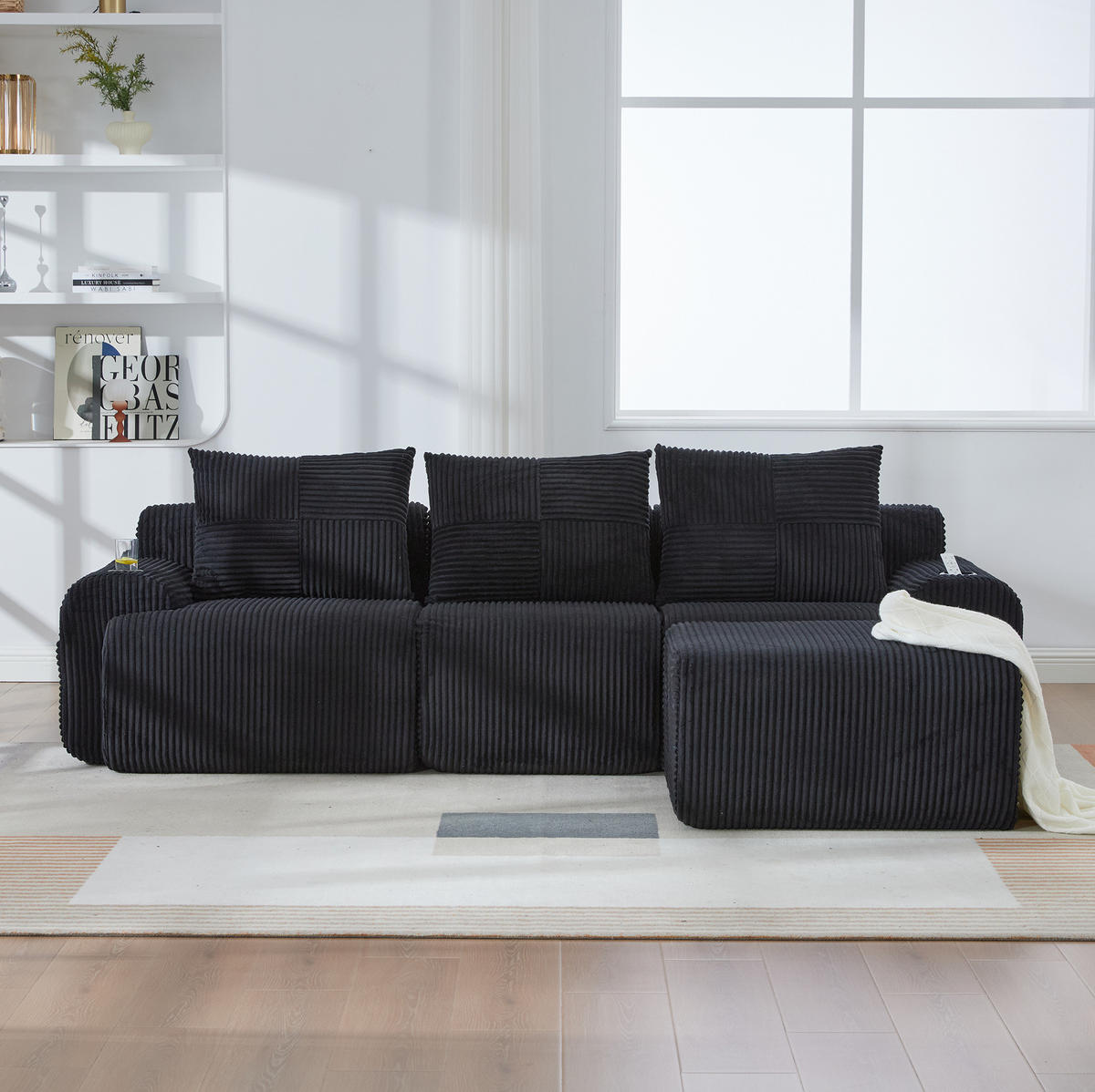 SOFA 268/174/80 cm in Schwarz mit Cupholder und Seitentasche - Schwarz, Textil (174/80/268cm) - Flora Grace