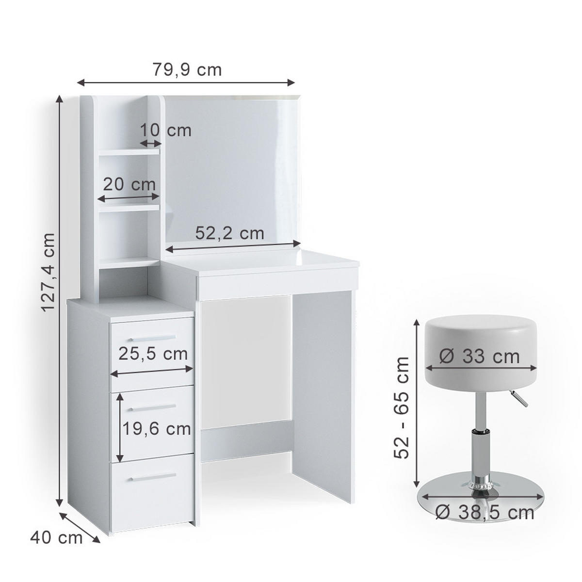 SCHMINKTISCH Meryl Weiß 79.9 cm mit Hocker - Weiß, Holzwerkstoff (40/127.4/79.9cm) - Vicco