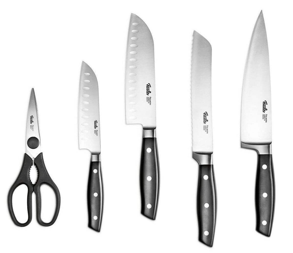 MESSERSET – Profi 5-teilig mit 2 Santokumessern, Brotmesser, Kochmesser & Küchenschere, Rostfreier Spezialstahl, Ergonomischer Griff - Silberfarben, Metall - Fissler