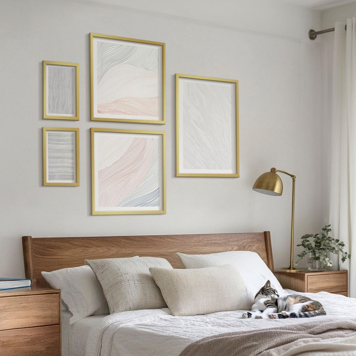 BILDER SET 5er Set - 50x50 cm & 20x30 cm & 40x60 cm Goldrahmen - Leuchtende Strukturen, Sandmuster - Goldfarben, Kunststoff (40/60cm) - TULUP