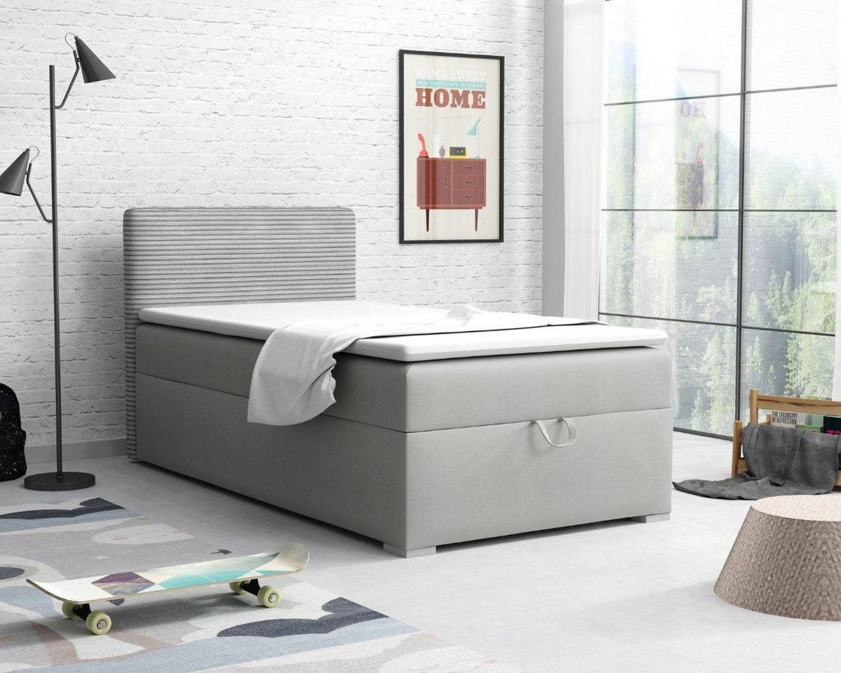 BOXBETT TEEN 1 90/200 in Velours/Cord Hellgrau H3 - Hellgrau, Holz/Holzwerkstoff (90/200cm) - Deine Möbel 24