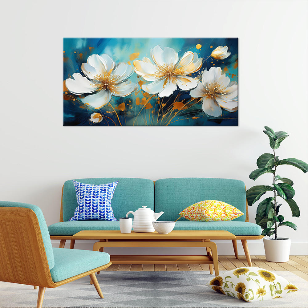 WANDBILD bemalte weiße blumen auf türkisfarbenem hintergrund - Türkis, Textil (120/60cm) - Feeby