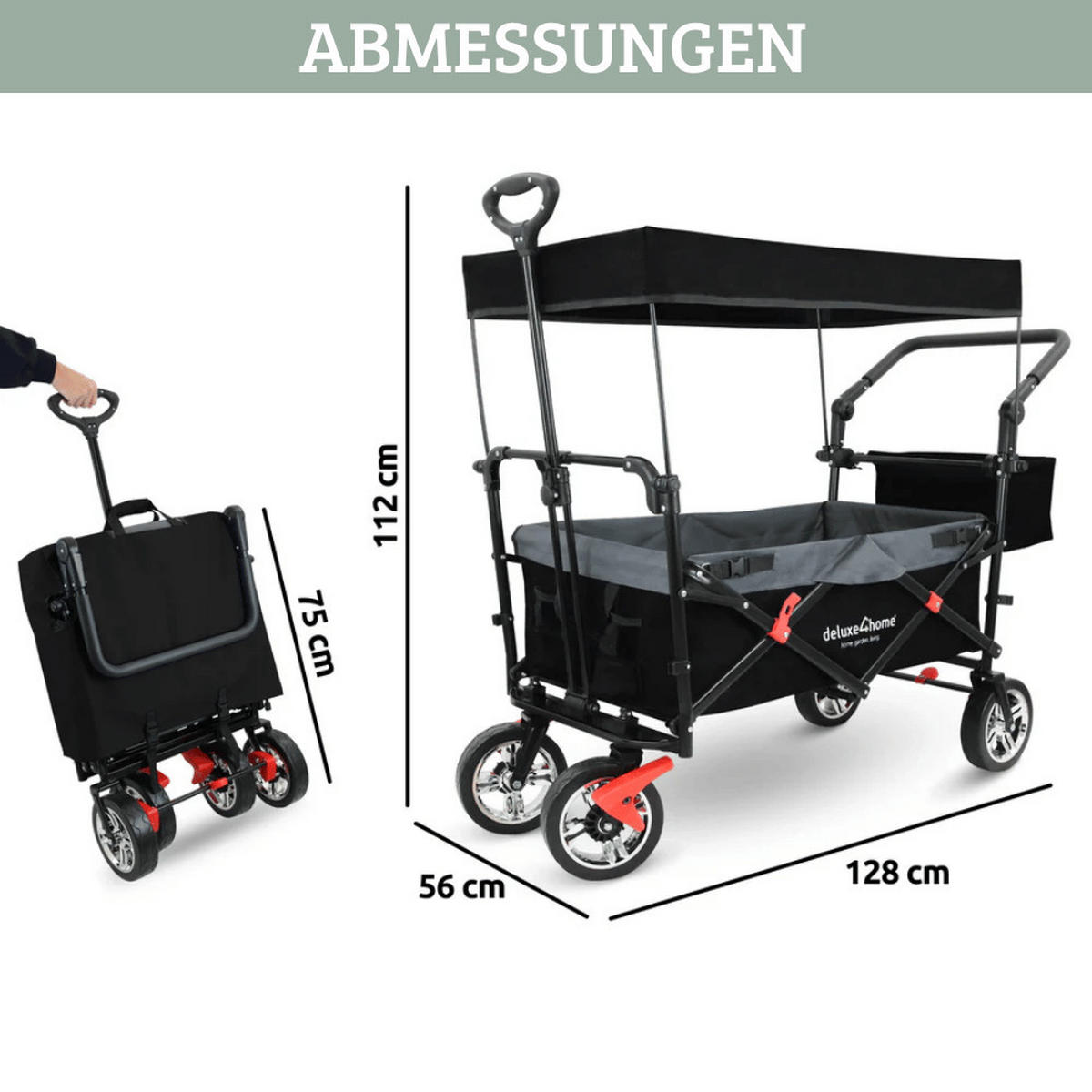 BOLLERWAGEN faltbar mit Dach REGGI Schwarz - Schwarz, Metall (128/112/56cm) - DELUKE