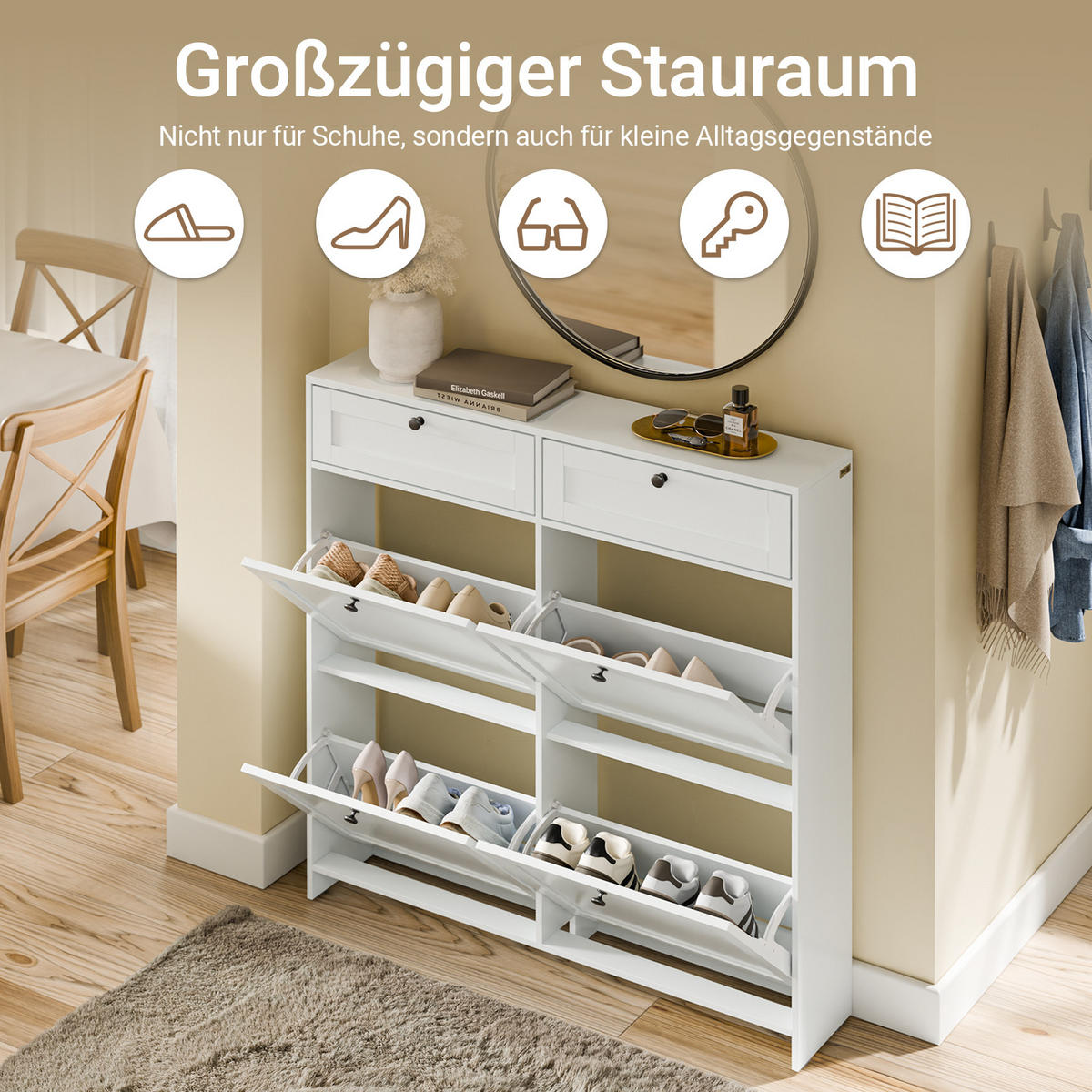 SCHUHKIPPER Schmal mit Schublade, Weiß 100x107x19 cm - Weiß, Holzwerkstoff (100/107/19cm) - SoBuy