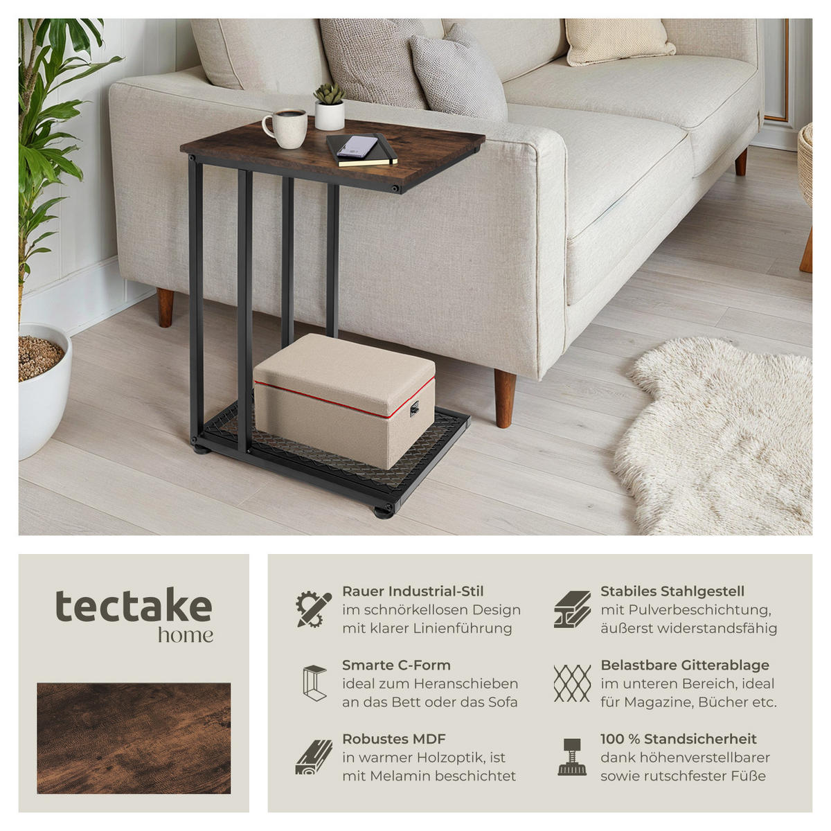 BEISTELLTISCH Eton,48 x 35 x 66 cm,Industrial Holz dunkel, rustikal - Rostfarben, Holz (48/35/66cm) - tectake