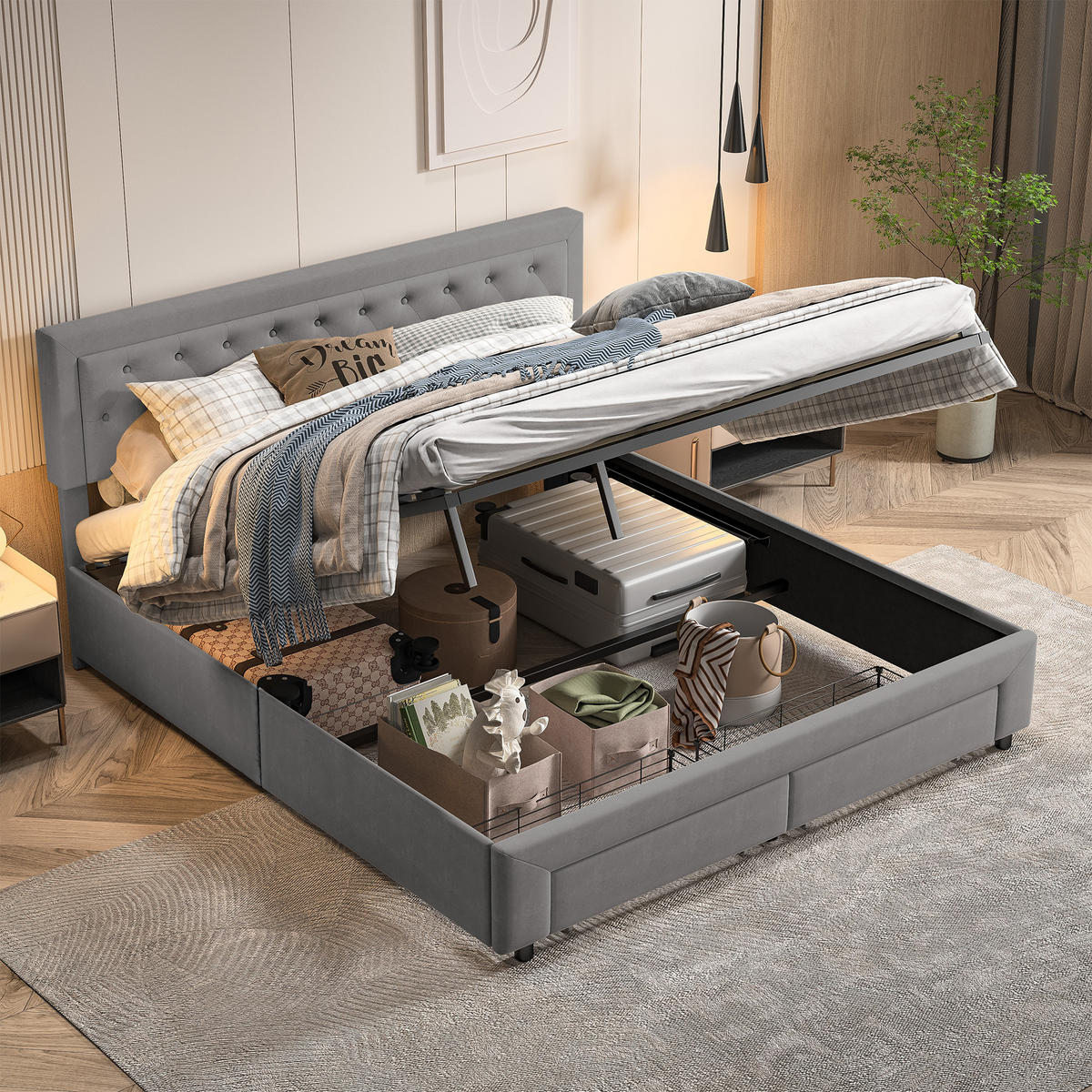 POLSTERBETT 180/200 cm grau Samt Stauraum Knopfheftung modern - Grau, Holz
