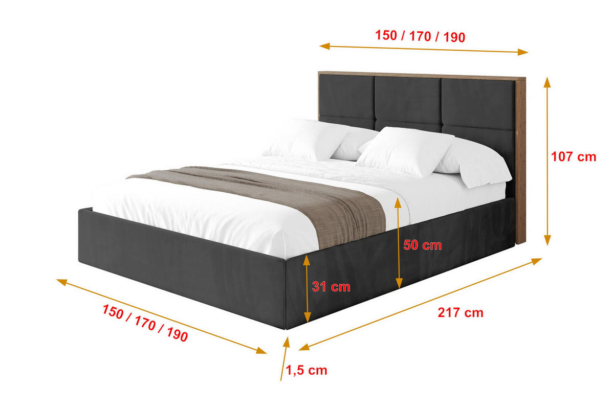 POLSTERBETT mit Bettkasten und Lattenrost, Bett mit Matratze H3/H4 - LILA 140x200 Schwarz - Schwarz, Holzwerkstoff/Textil (140/200cm) - ALTDECOR