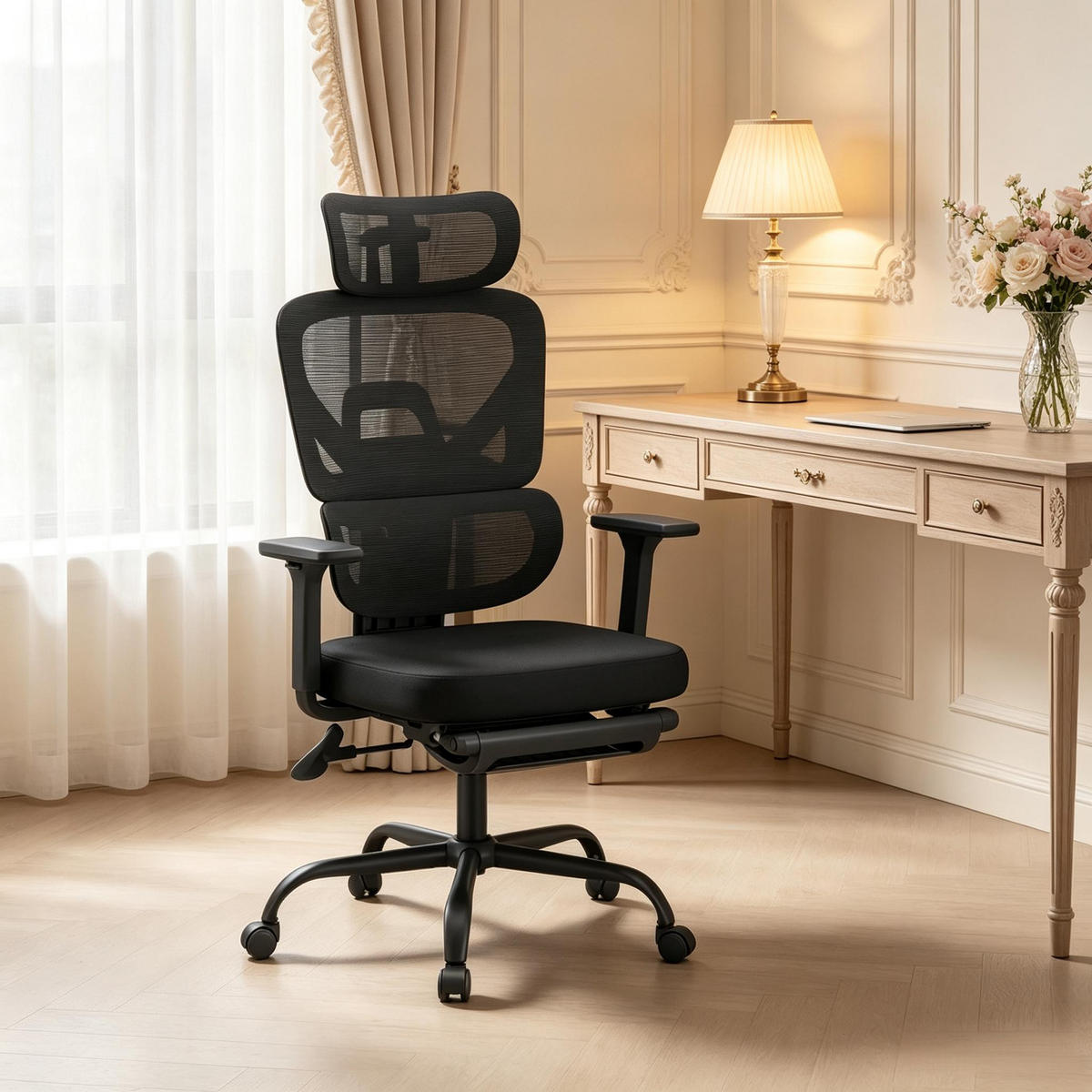 DREHSTUHL mit Fußstütze ergonomisch bis 150 kg belastbar - Schwarz, Leder (53/120/76cm) - Gisaae