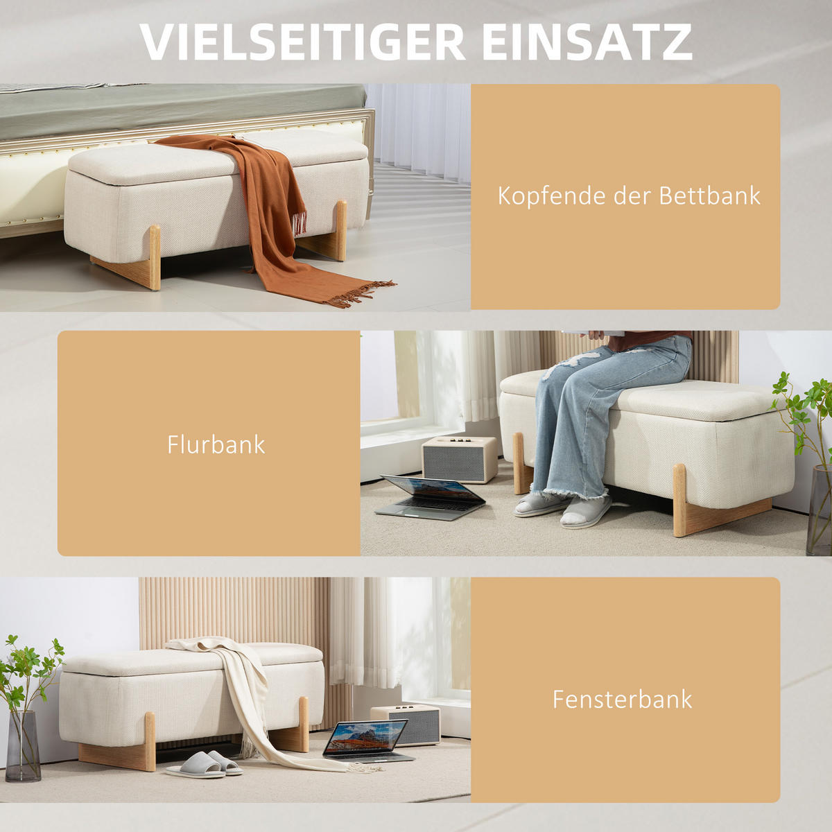 SITZBANK Polsterbank - Beige, Kunststoff (44/44.5/111cm) - HOMCOM