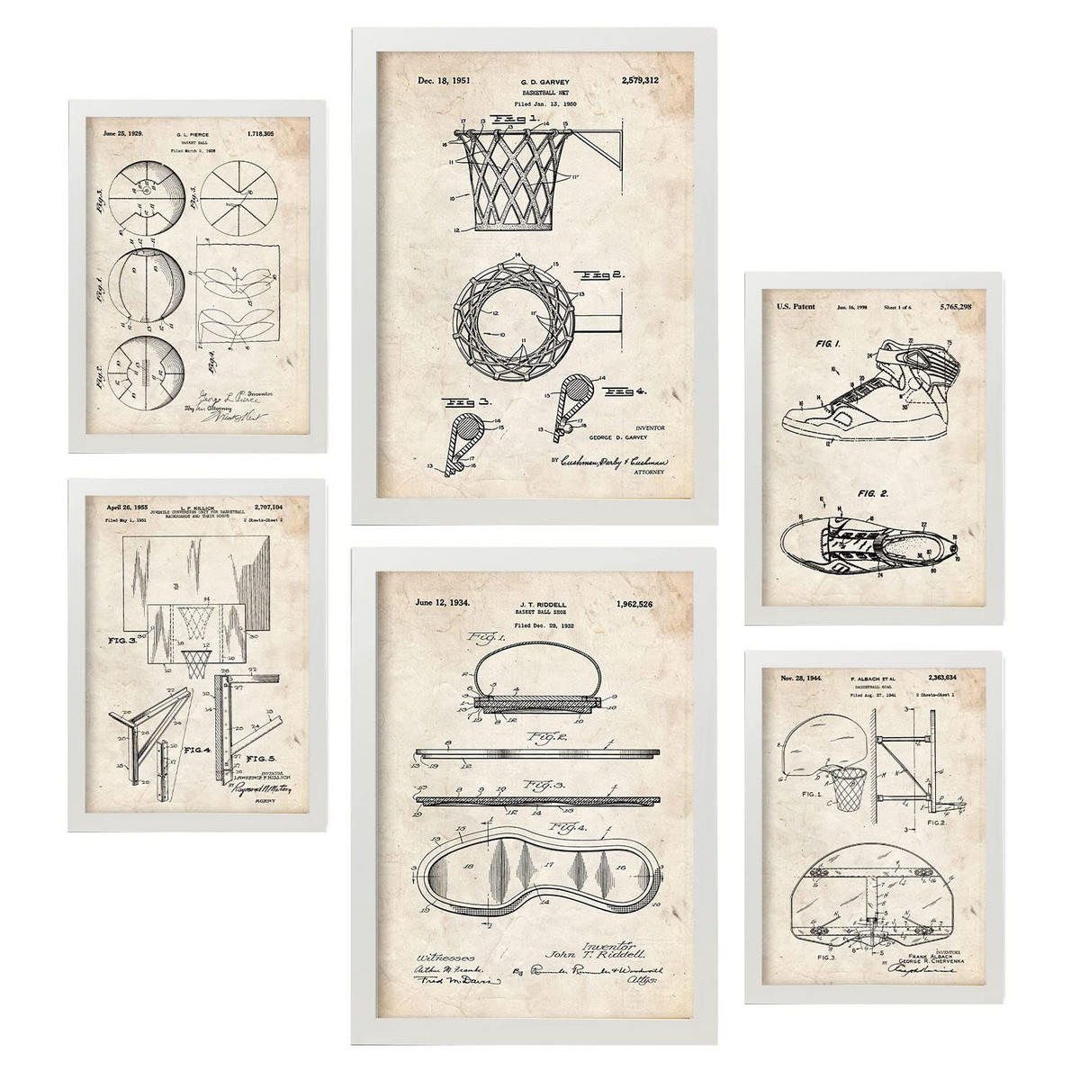 POSTER Set Mit 6 Plakaten Mit Basketball Patenten Im Vintage Stil A3 & A4 Weißer Rahmen - Weiß, Papier (29/3cm) - Nacnic