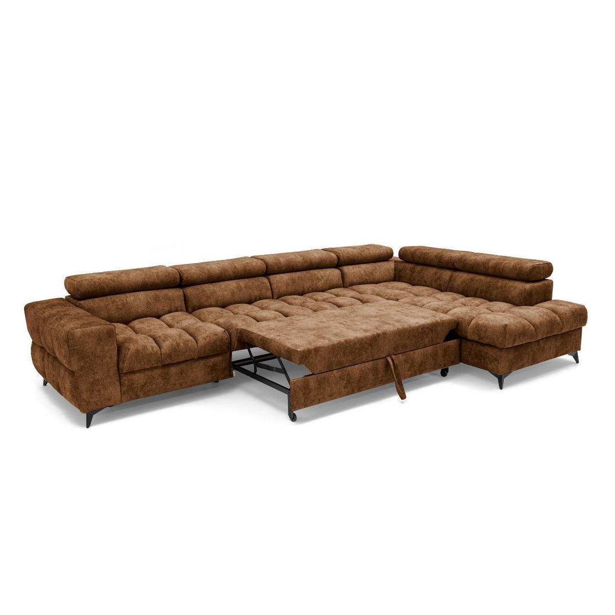 ECKSOFA PUDDING MAXI L Rechts mit Schlaffunktion 125x195 Velours Hellbraun - Hellbraun/Schwarz, Holz/Textil (203/350cm) - Muffo