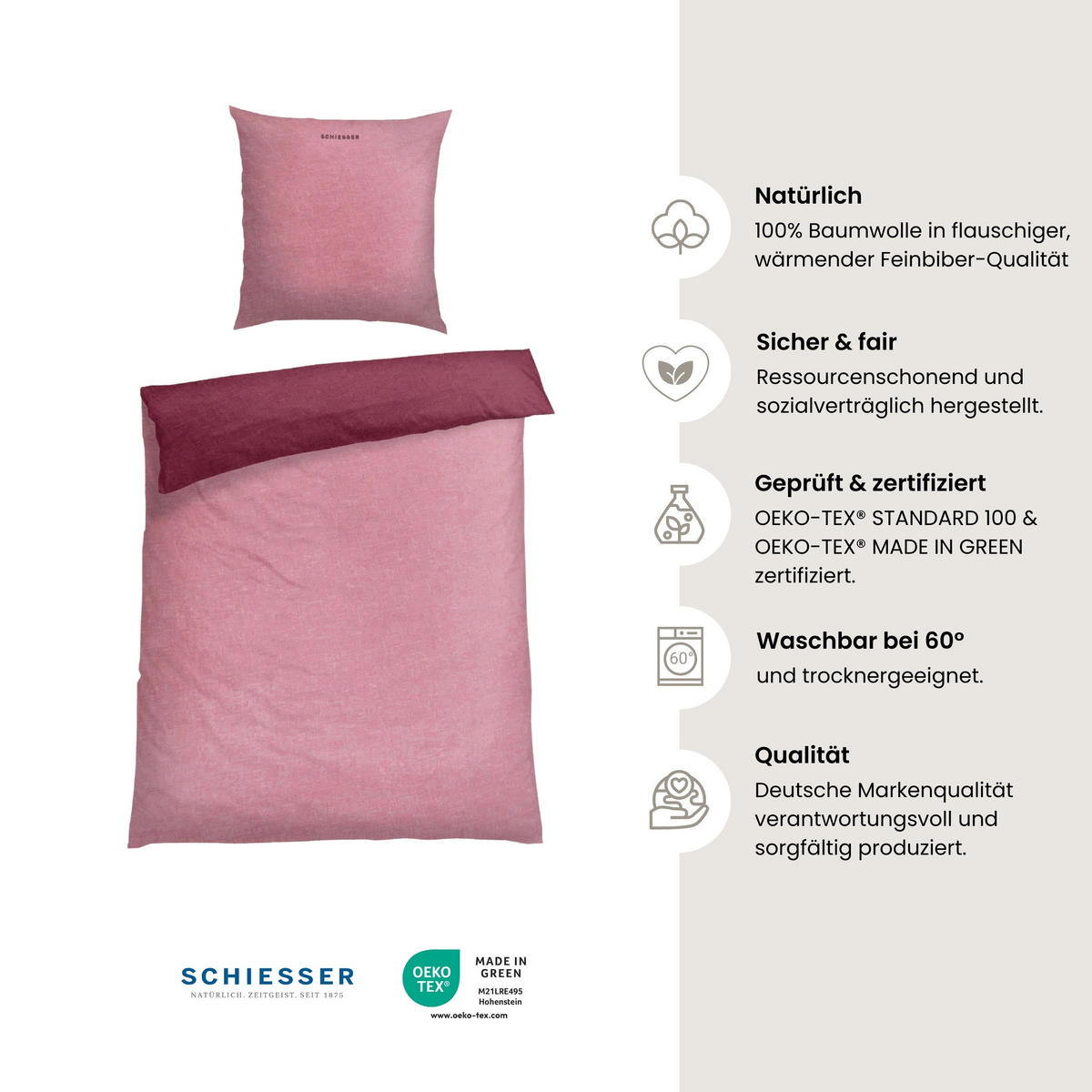 BETTWÄSCHESET Doubleface - Feinbiber - 2-teilig - 155 x 220 cm - Rosa - Rosa, Textil (155/220cm) - SCHIESSER