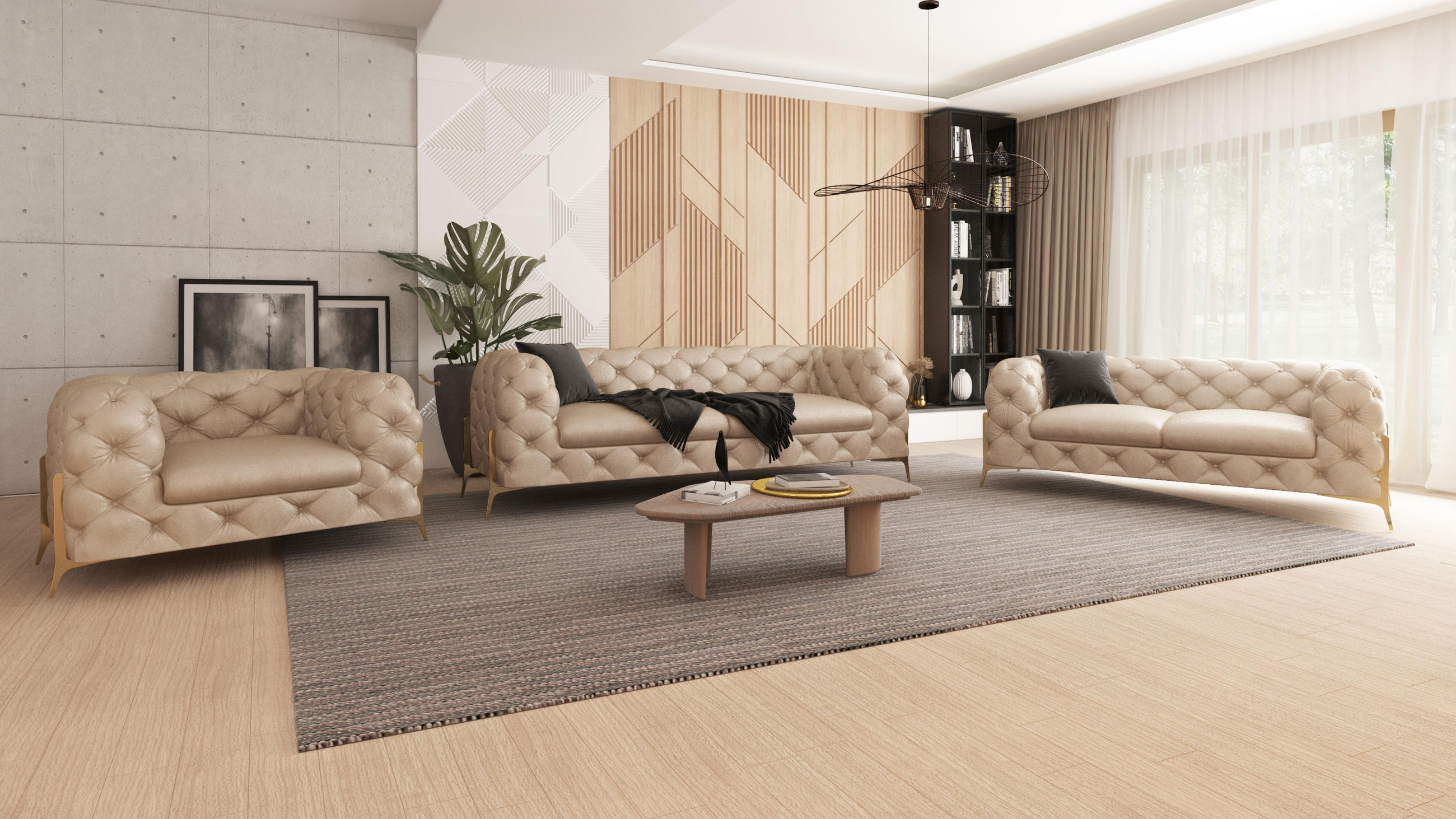 SITZGARNITUR 3+2+1 Chesterfield Vertex Beige Samt - Beige/Goldfarben, Holz/Textil (225/75/100cm) - S-Style Möbel