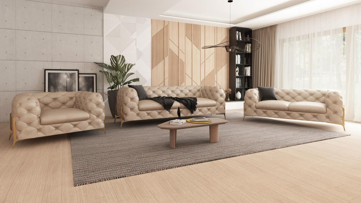 SITZGARNITUR 3+2+1 Chesterfield Vertex Beige Samt - Beige/Goldfarben, Holz/Textil (225/75/100cm) - S-Style Möbel