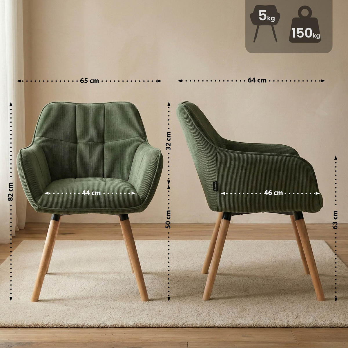 ESSZIMMERSTUHL Cord Grün - Eukalyptusholzfarben/Grün, Holz/Textil (65/82/64cm) - CLP