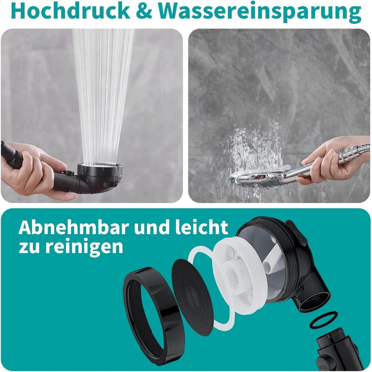 DUSCHKOPF Set mit Wassersparfunktion und 3 Strahlarten Schwarz - Schwarz, Kunststoff (8/12.7/24cm)