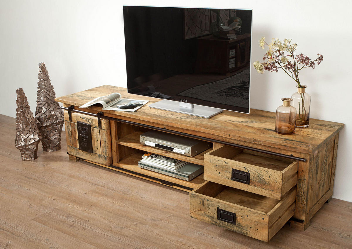 TV-BOARD Mango 200x55x50 natur lackiert RAILWAY #136 - Naturfarben, Holz (200/50/55cm) - Massivmoebel24