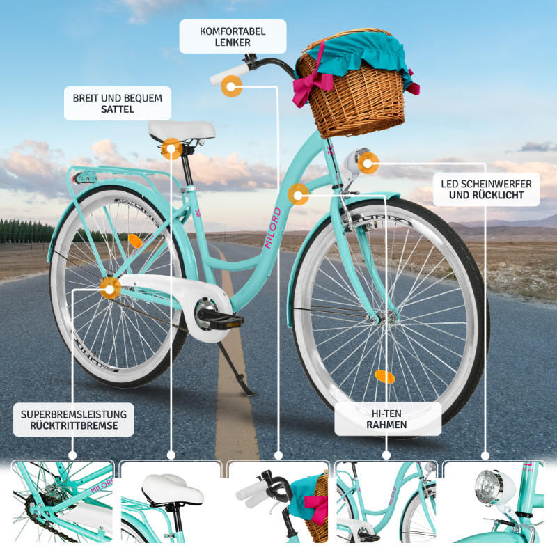 CITY-FAHRRAD Milord mit Weidenkorb, 26 Zoll, Blau, 1-Gang - Blau, Metall (46cm) - Milordbikes