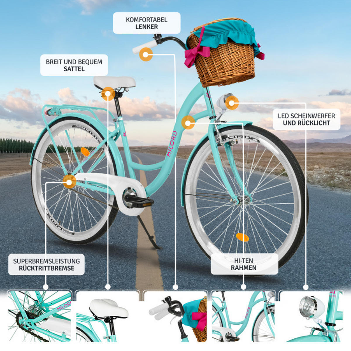 CITY-FAHRRAD Milord mit Weidenkorb, 28 Zoll, Blau, 1-Gang - Blau, Metall (46cm) - Milordbikes