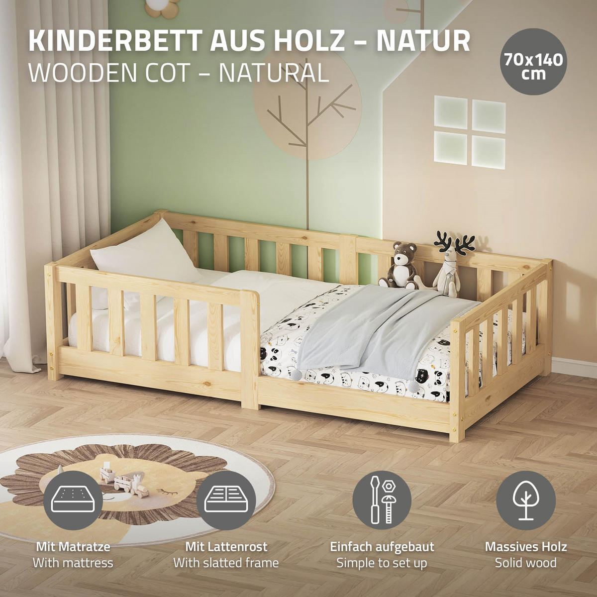 KINDERBETT 70x140 cm Natur mit Matratze - Naturfarben, Kunststoff (70/140cm) - ML-DESIGN