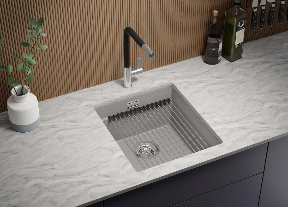 UNTERBAUSPÜLE GRANIT Praga, 2-er set Grau 41/47 cm 1 Becken + Küchenarmatur 38/14 cm + Ablauf-Set + Aufrollbare Abtropffläche ab 45er Unterschrank - Chromfarben/Grau, Kunststoff (41/20/47cm) - Primagran