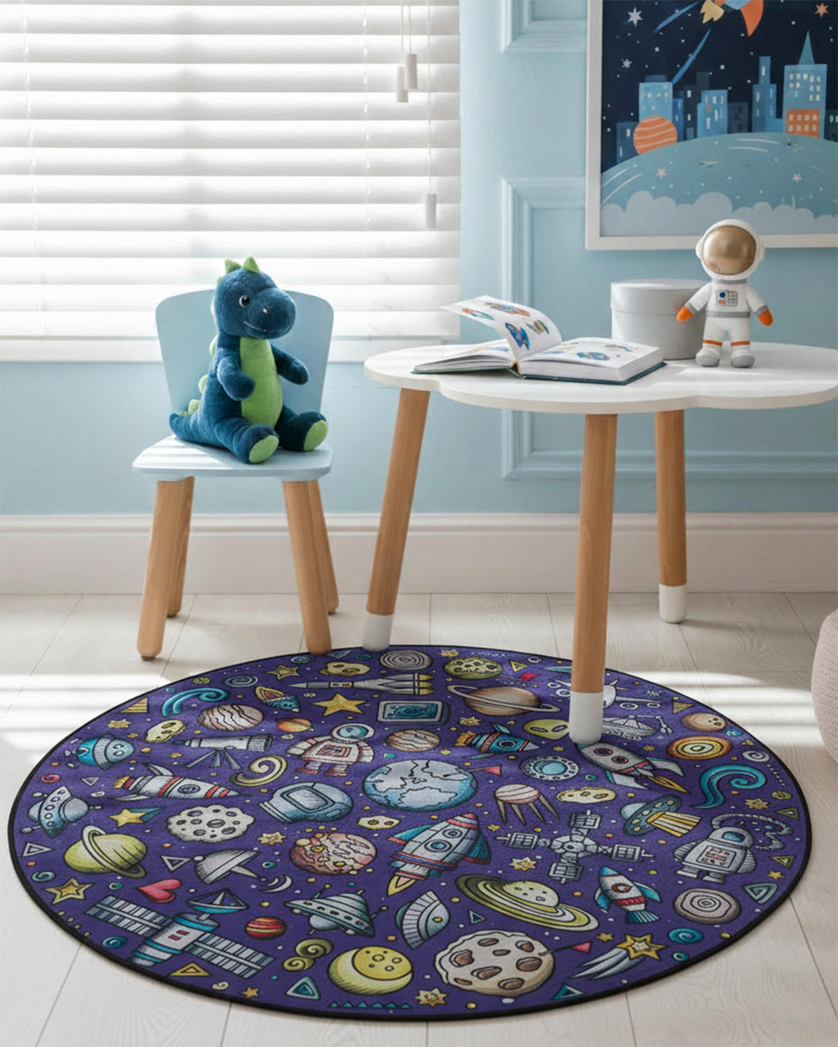 KINDERTEPPICH Bambini Cosmo Mazovia Rund Ø100cm Marineblau Weltraum Kurzflor - Dunkelblau, Textil (100/100cm) - Mazovia