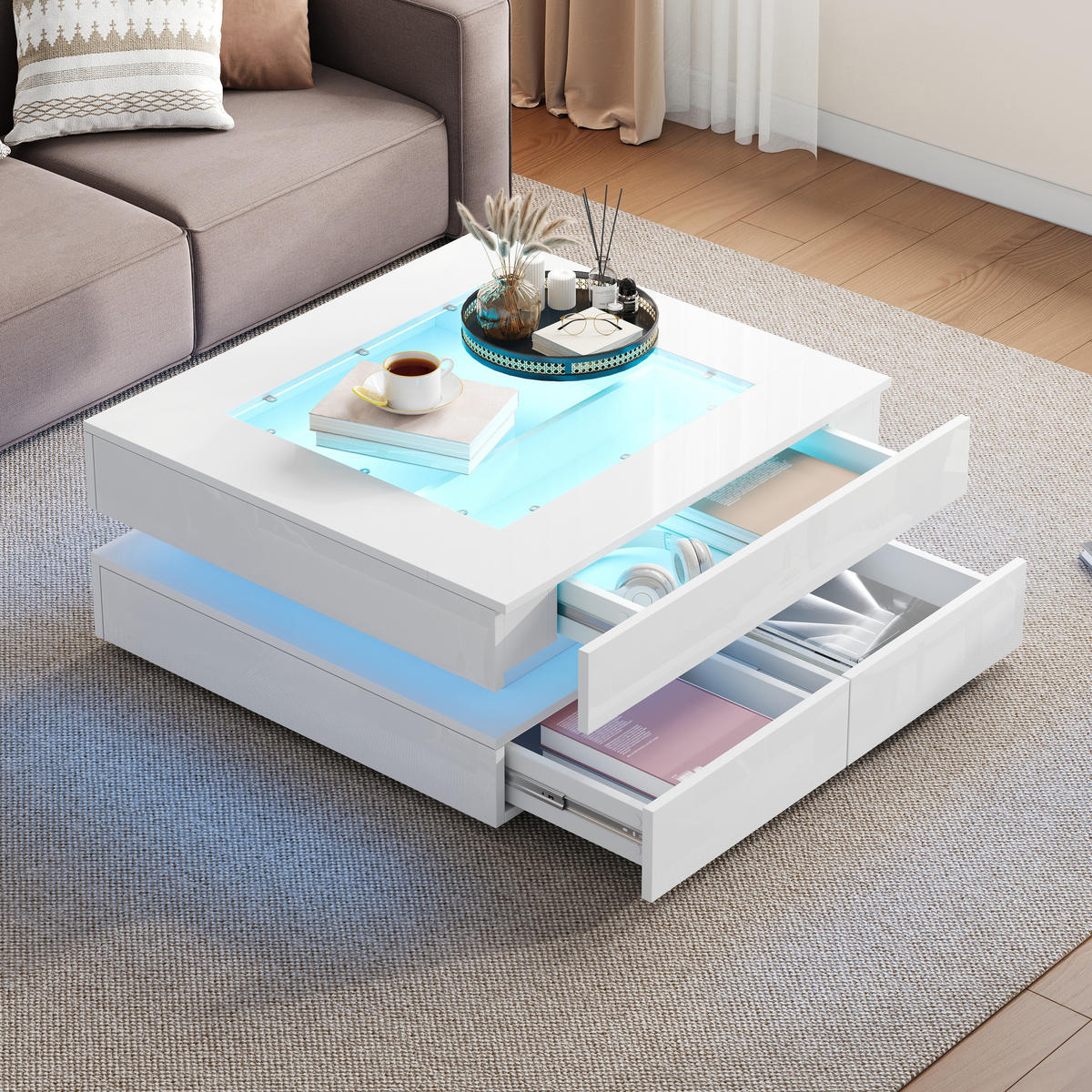 COUCHTISCH LED Glasplatte 3 Schubladen Hochglanz Weiß 70x70cm - Weiß, Holzwerkstoff (70/70/35cm) - FLIEKS